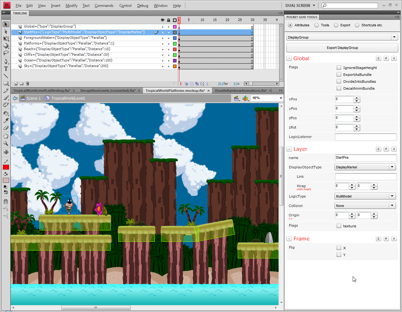 Pocket God level layout in the Flash IDE